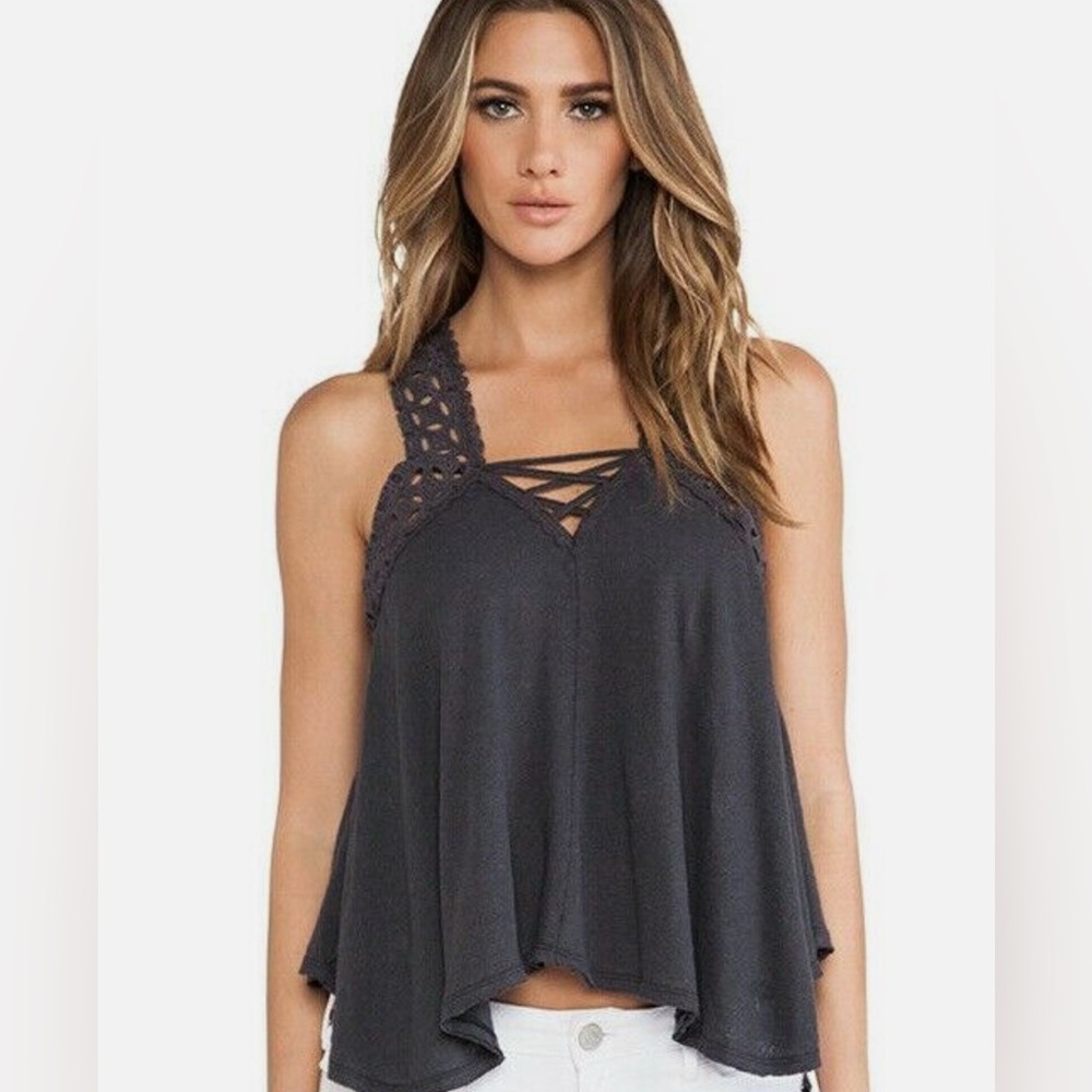 Free People Boho Runa Tank Top Gray Eyelet Lace Size Small
